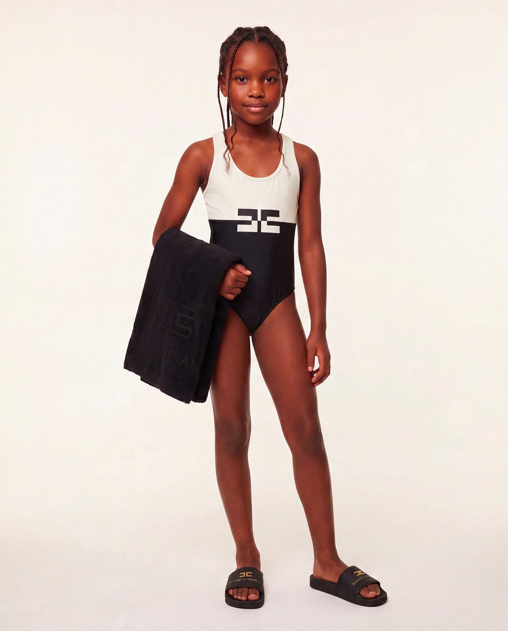 Elisabetta Franchi La Mia Bambina Costume 1pz. Bicolore Avorio/Nero con Logo a Contrasto per Bambine