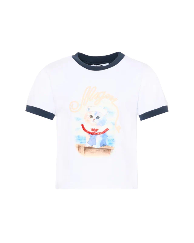 Msgm Kids T-Shirt Bianco e Blu con Stampa per Bambine