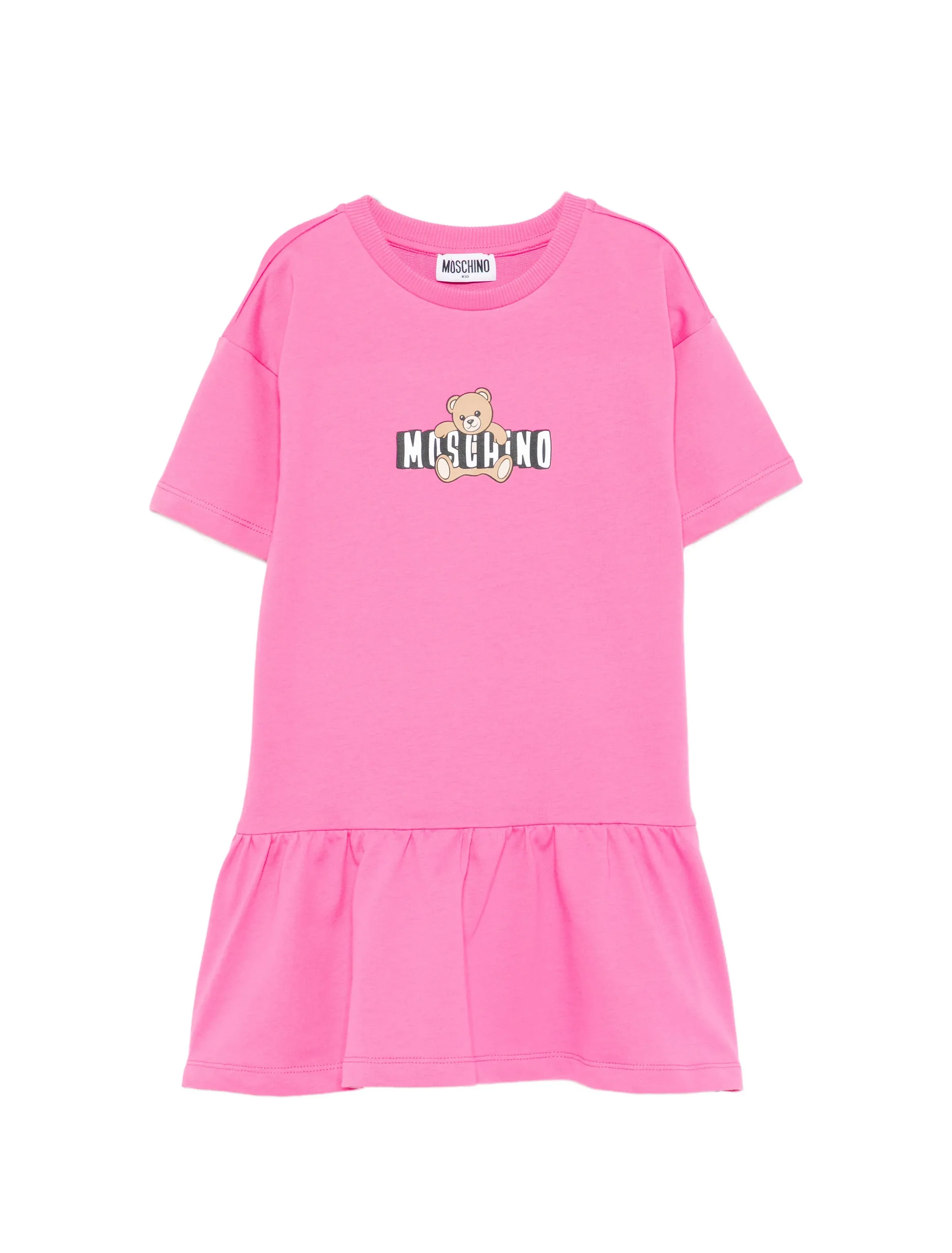 Moschino Kids Abito Fuxia con Gonna Rouches e Logo Teddy Bear per Bambine