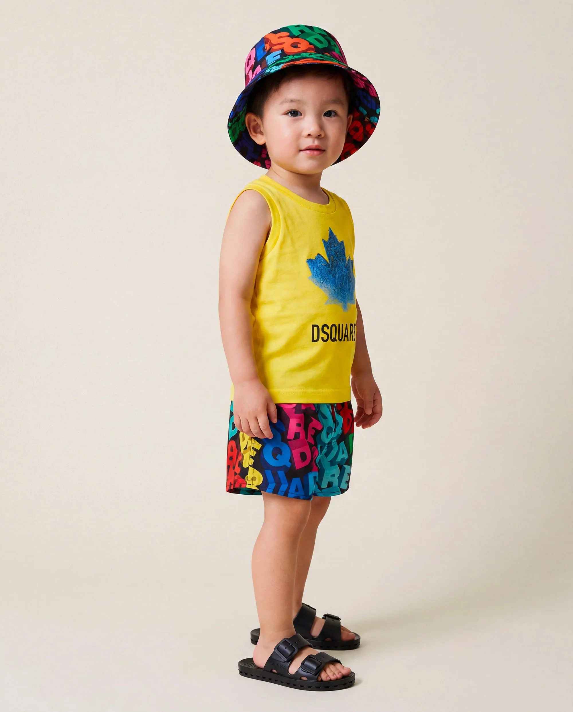 Dsquared2 Kids Canotta Gialla con Stampa Logo Foglio D'acero a Contrasto per Neonati