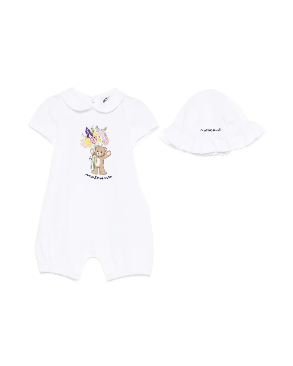 Moschino Kids Pagliaccetto e Cappello Bianco con Logo per Neonate