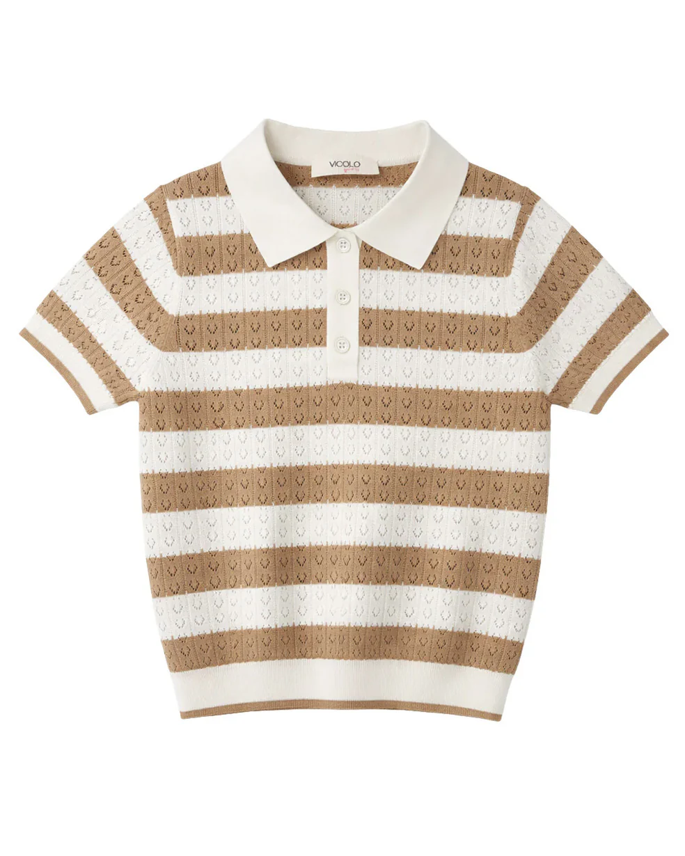 Vicolo Kids T-Shirt in Maglia a Righe Off-White e Cammello per Bambina