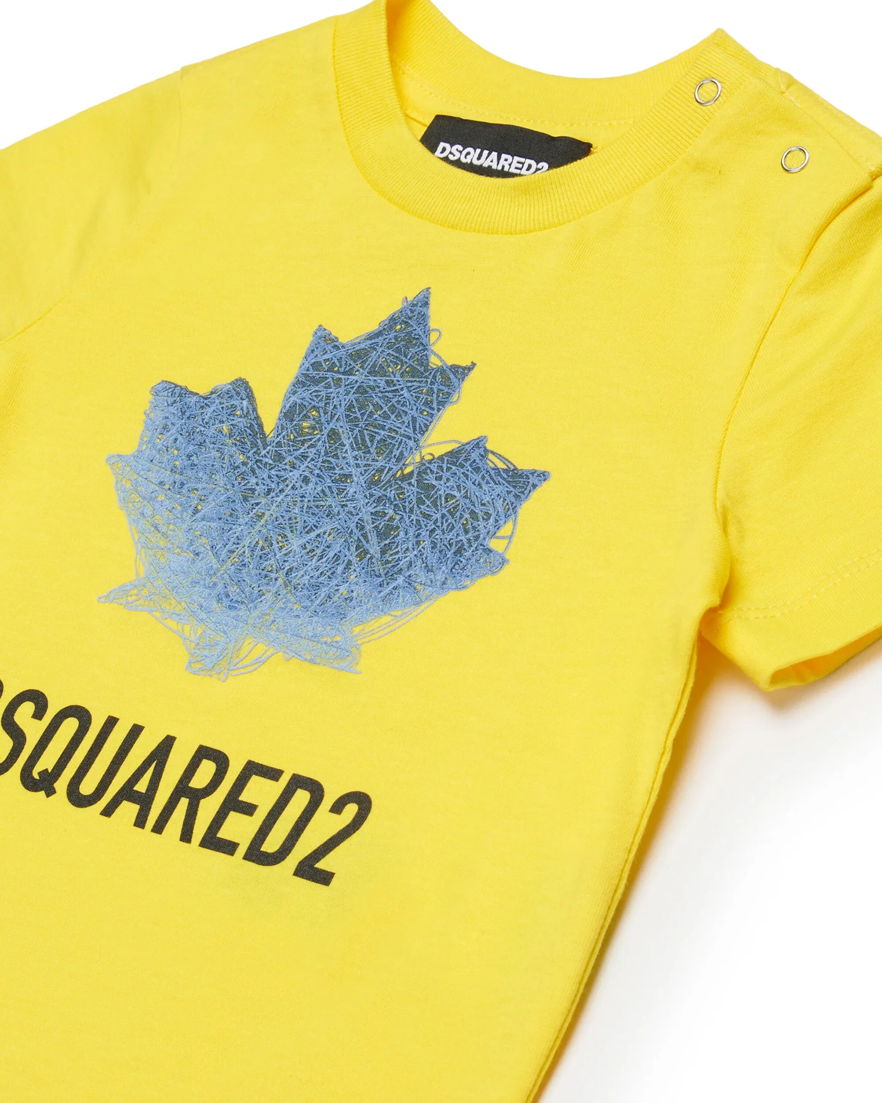 Dsquared2 Kids T-Shirt Gialla con Stampa Logo Foglio D'acero con Apertura Bottoni Spalla per Neonati