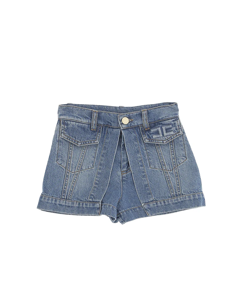 Elisabetta Franchi La Mia Bambina Short in Denim Blu con Dettaglio Logo per Bambine