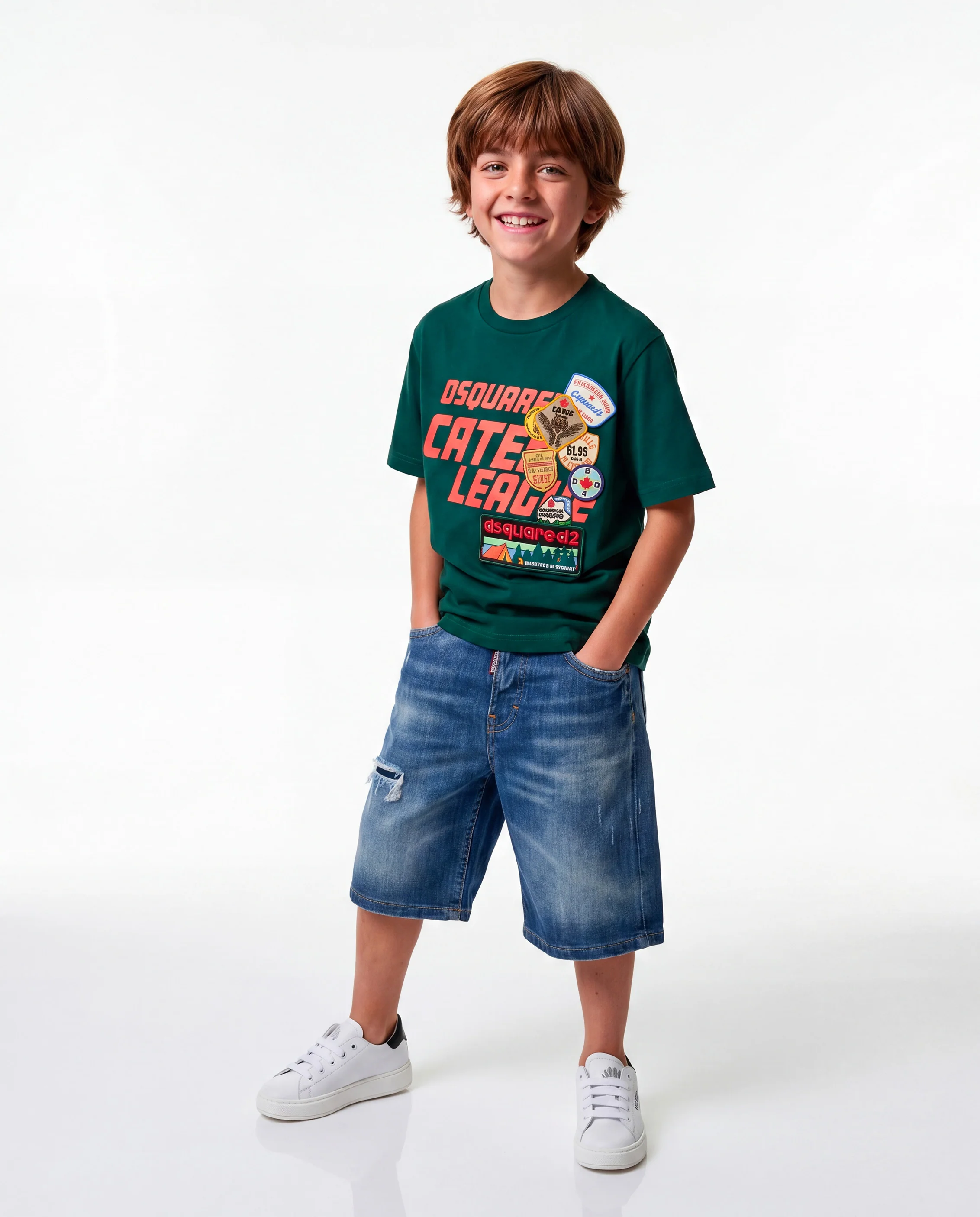Dsquare2 Kids T-shirt Verde con Stampa e Applicazioni Patch Unisex per Bambini
