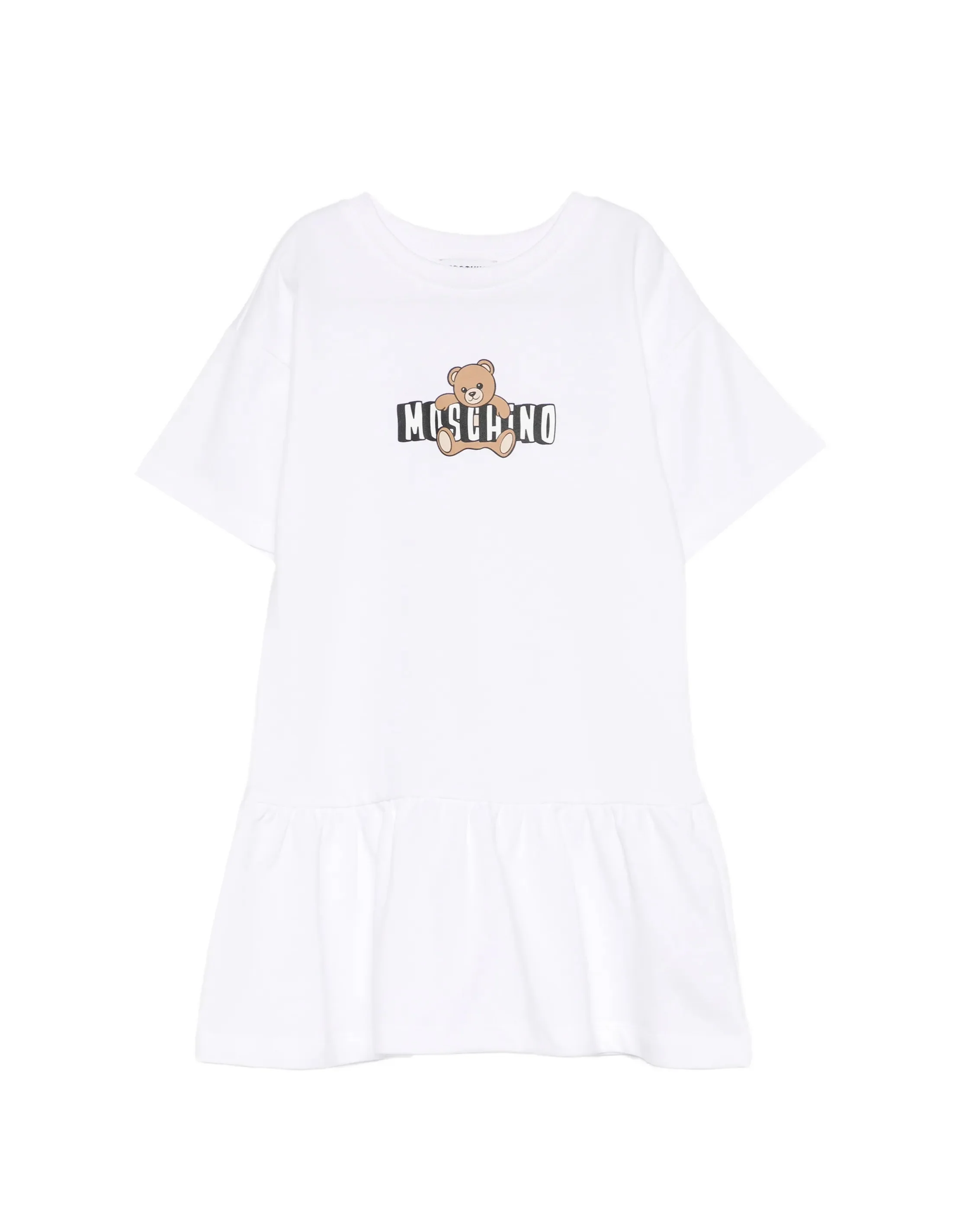 Moschino Kids Abito Bianco con Gonna Rouches e Logo Teddy Bear per Bambine