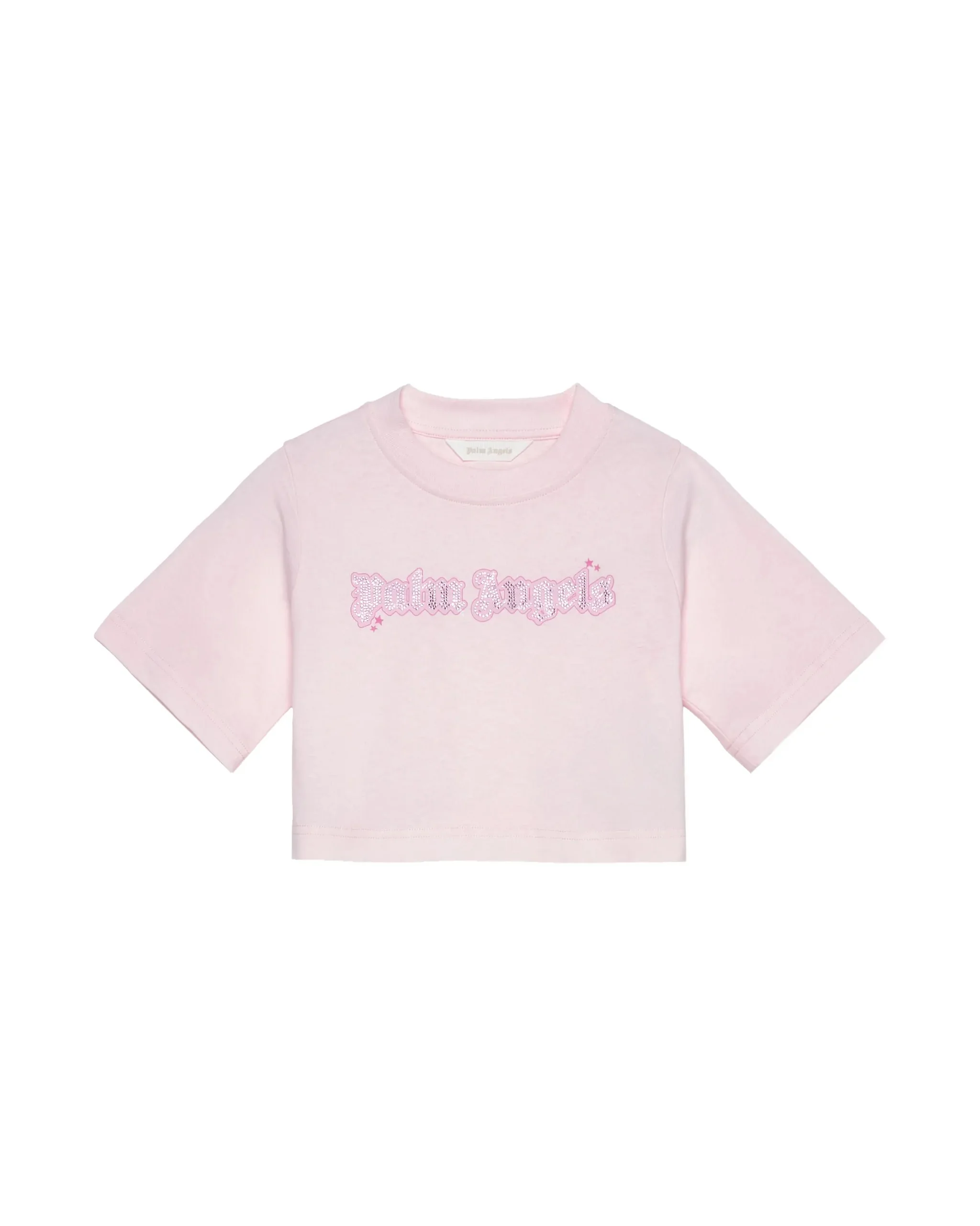 Palm Angels Kids T-Shirt Crop Rosa con Stampa Logo Arricchita di Strass per Bambine
