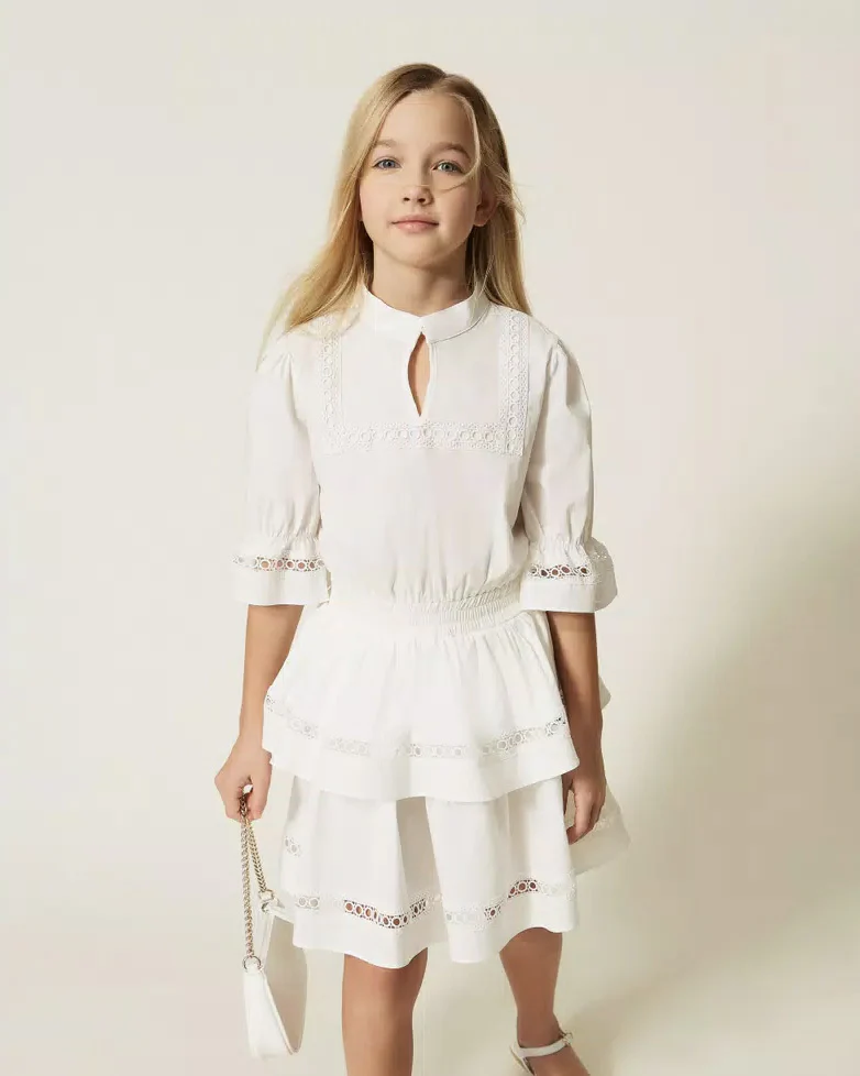 Twinset Kids Abito Off-White con Pizzo per Bambine