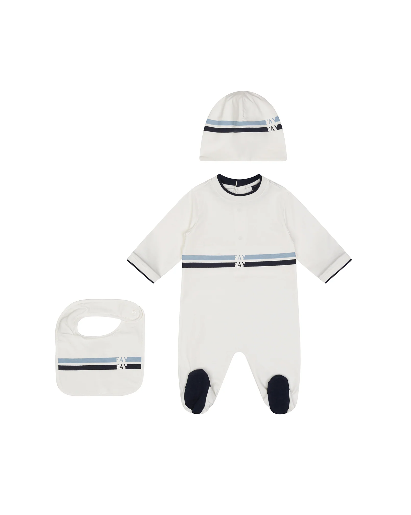 Fay Kids Set Tutina+Bavetto+Cappello Avorio con Strisce Blu e Nere per Neonati