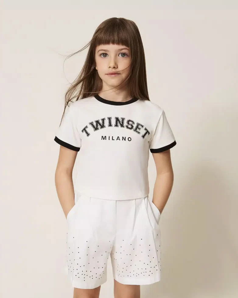 Twinset Kids T-Shirt Bianco e Nero con Logo per Bambine