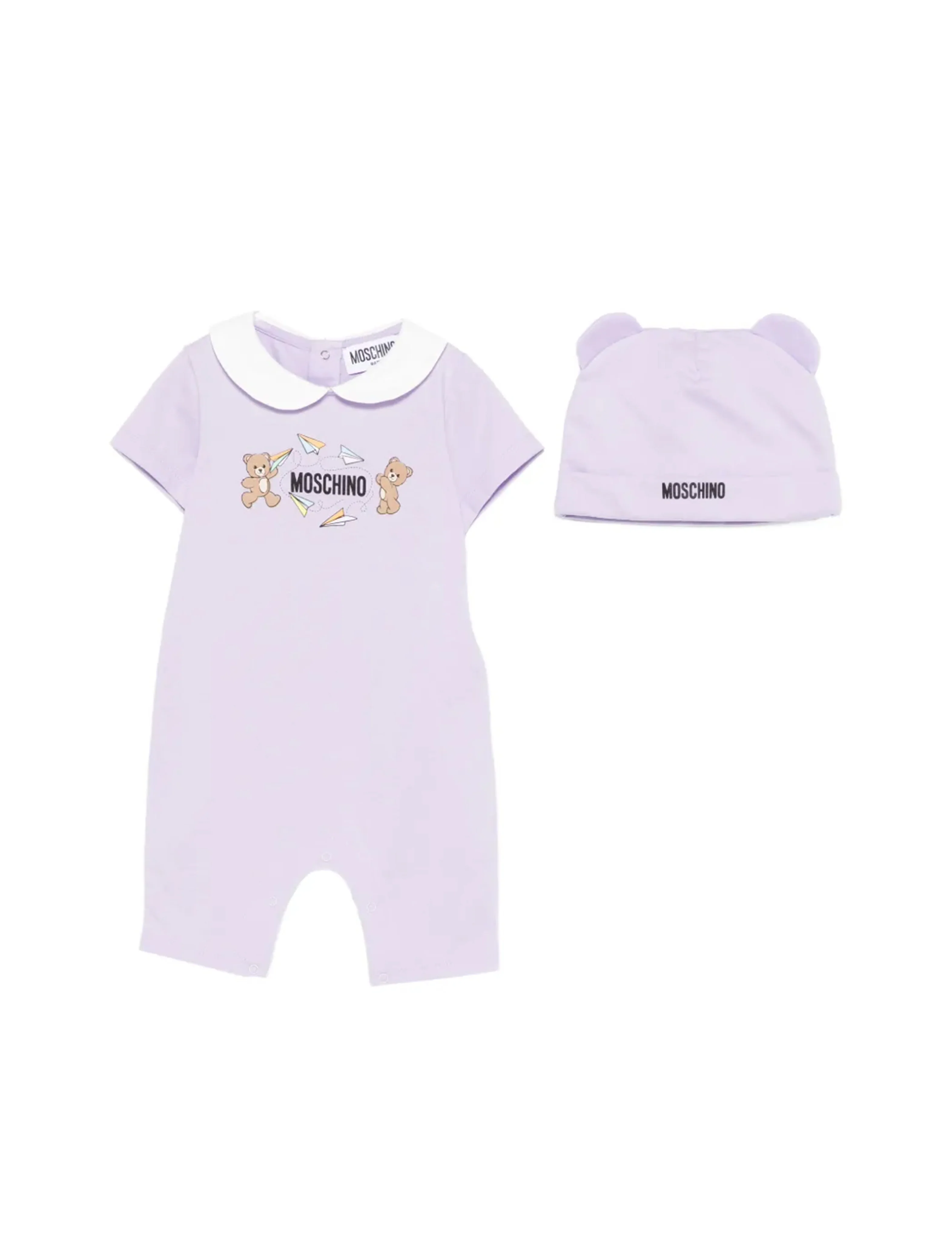 Moschino Kids Pagliaccetto+Cappello Lilla con Logo Teddy Bear per Neonate