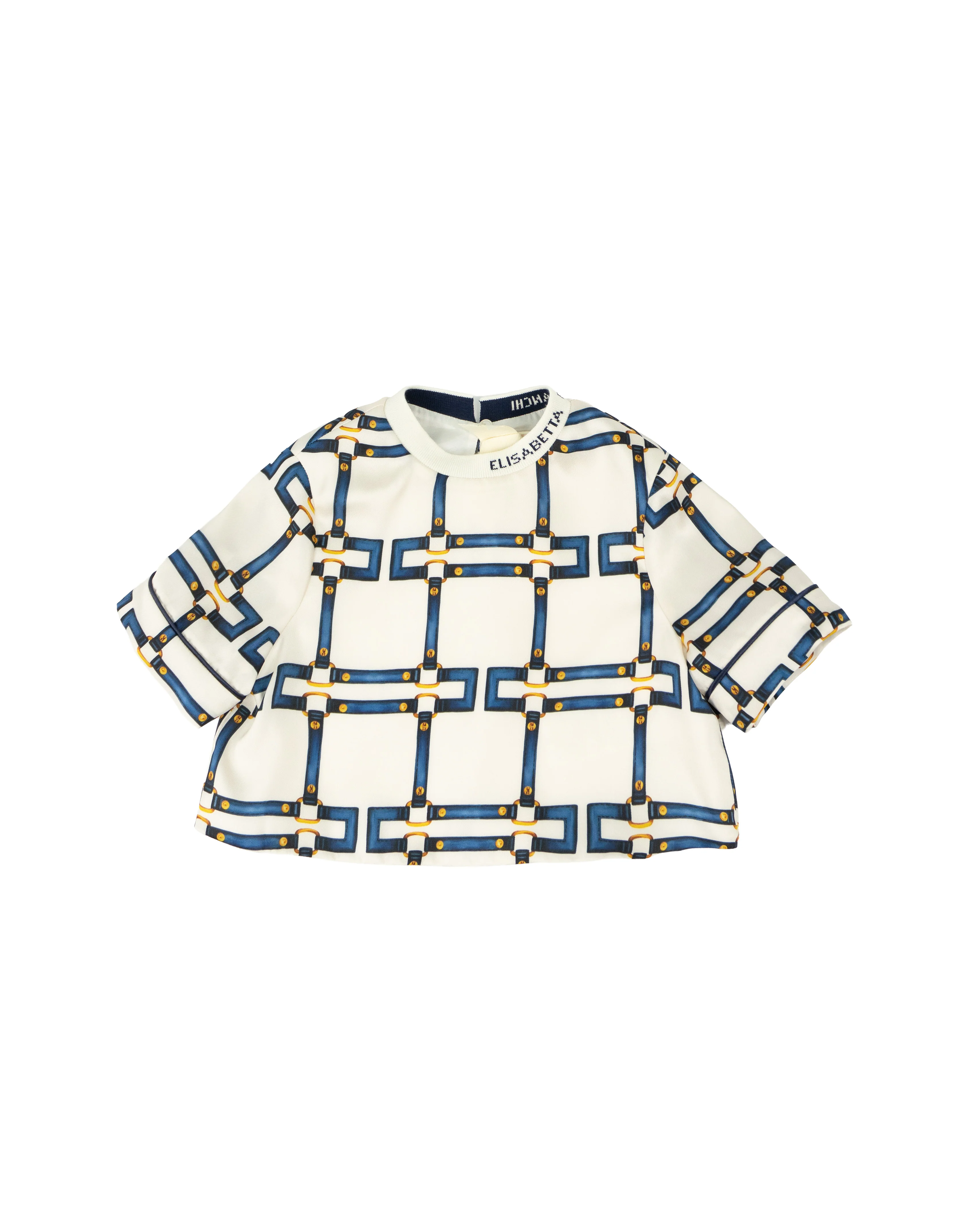 Elisabetta Franchi La Mia Bambina Blusa Crop Bianco/Blu con Motivo Catene All-Over per Bambine