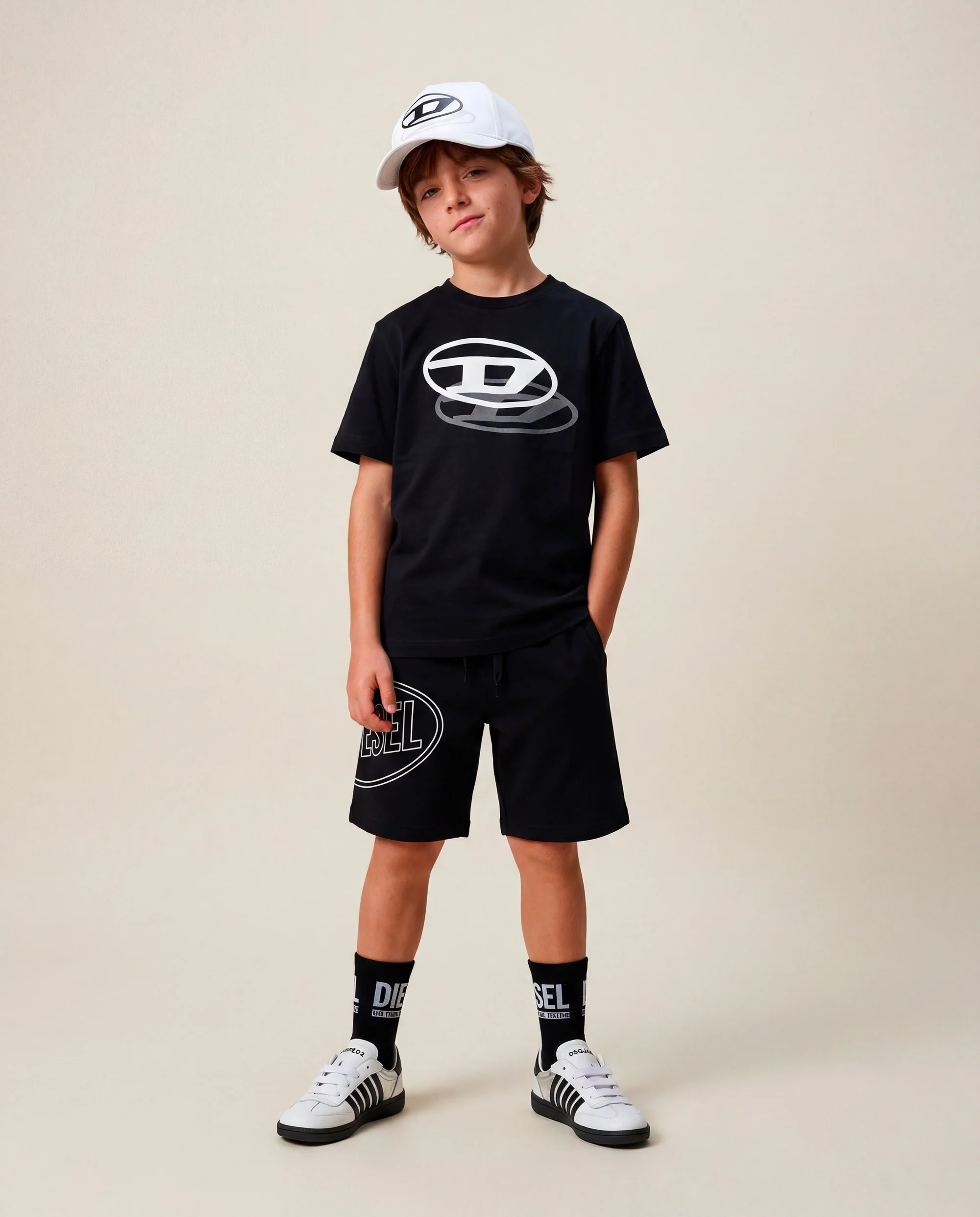 Diesel Kids T-shirt Nera con Doppia Stampa Logo Unisex per Bambini