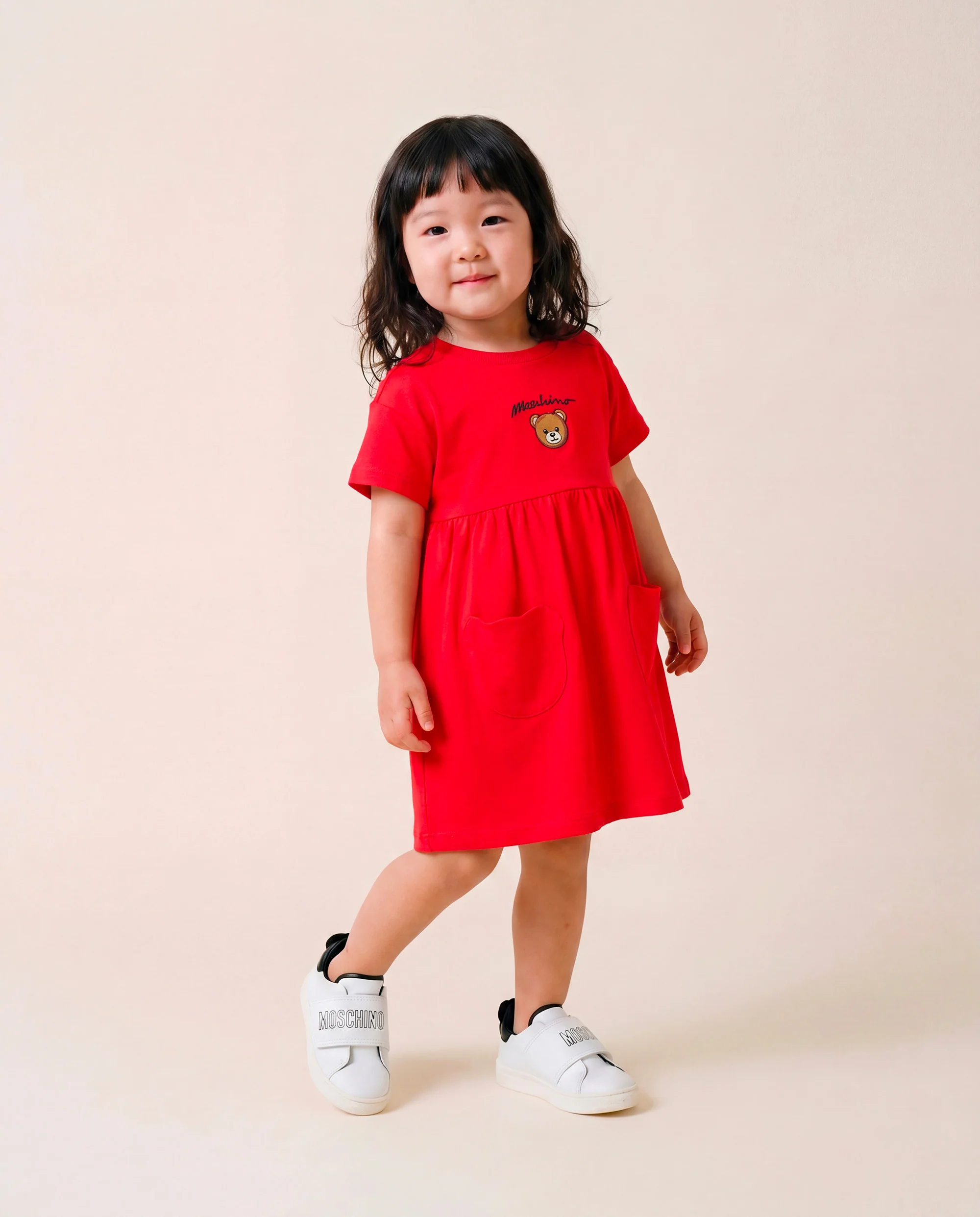 Moschino Kids Abito Rosso Con Logo Teddy Bear per Neonate