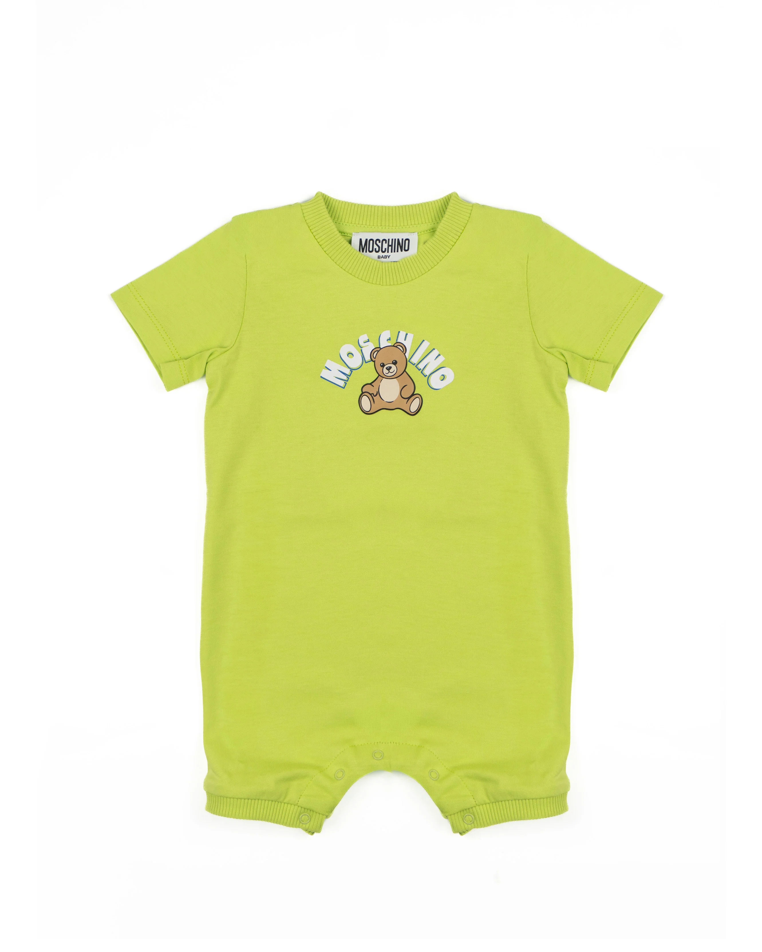Moschino Kids Pagliaccetto Verde con Apertura Bottoni Spalla e Stampa Logo Teddy per Neonati