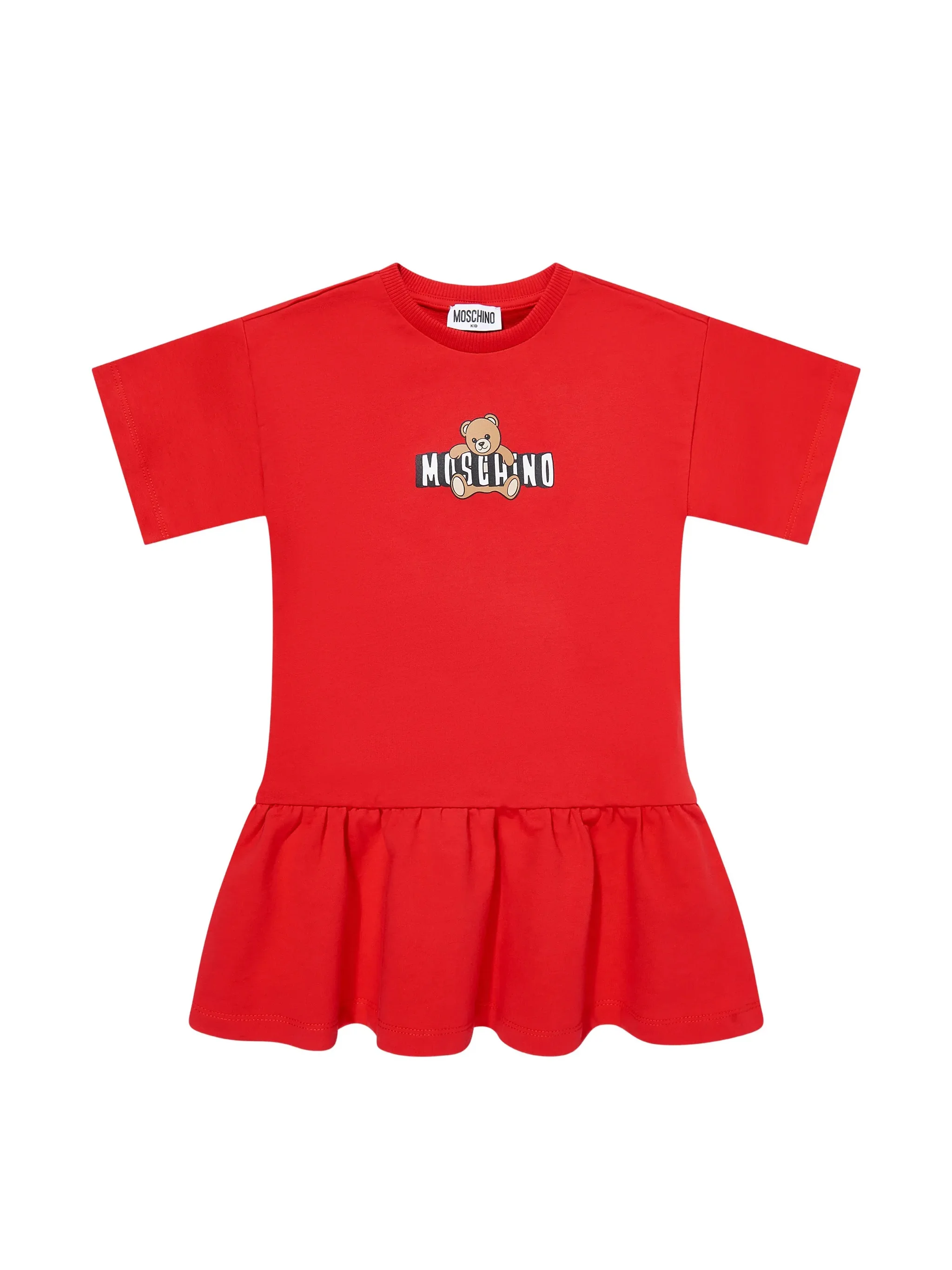 Moschino Kids Abito Rosso con Gonna Rouches e Logo Teddy Bear per Bambine