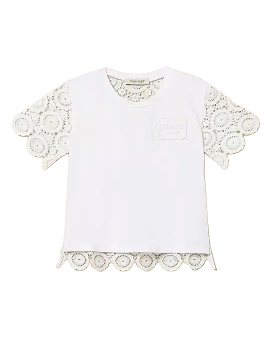 Twinset Kids T-Shirt Off-White con Maniche e Dettagli in Pizzo per Bambine e Neonate
