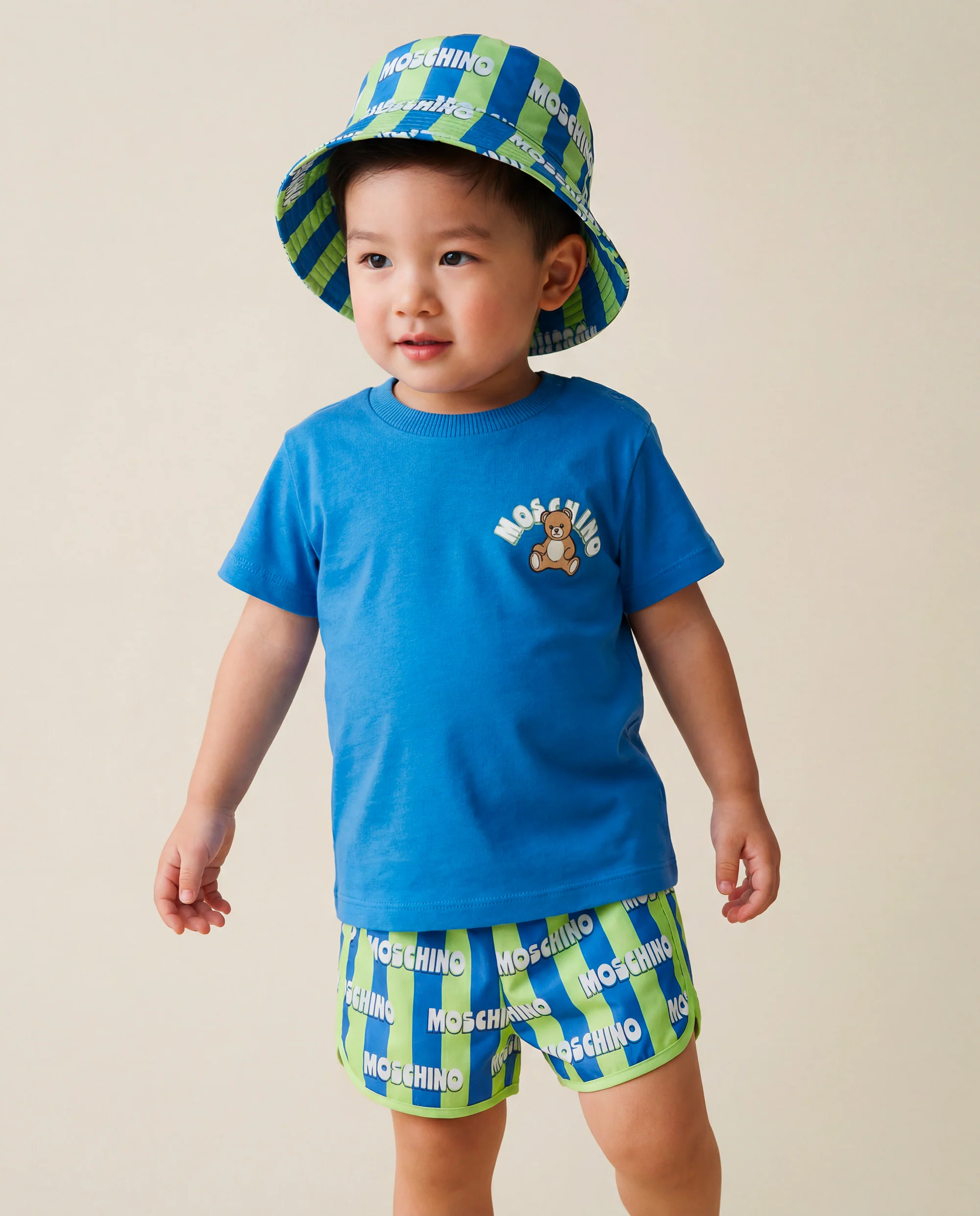 Moschino Kids Costume a Righe Verde e Blu All-Over per Neonati
