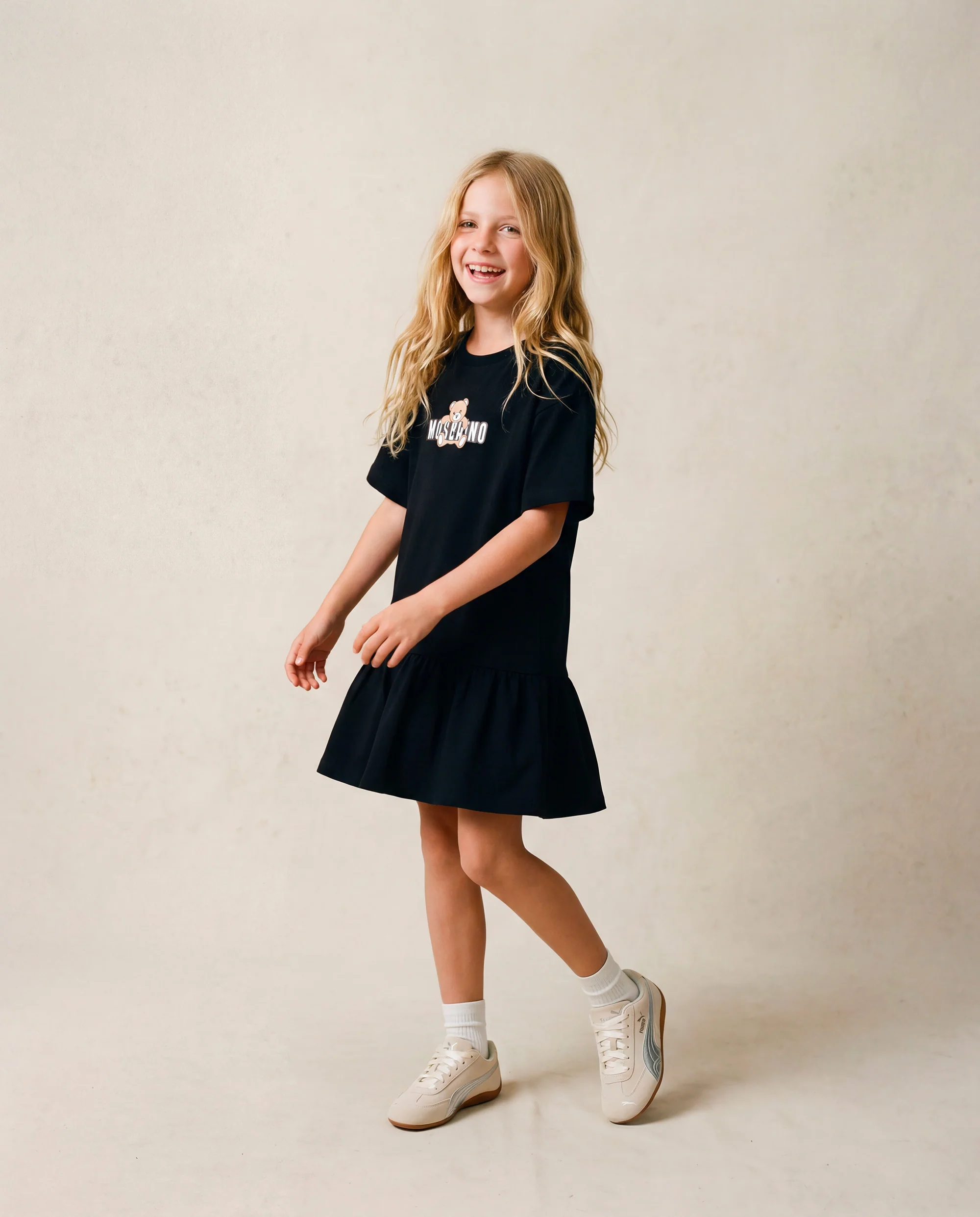 Moschino Kids Abito Nero con Gonna Rouches e Logo Teddy Bear per Bambine