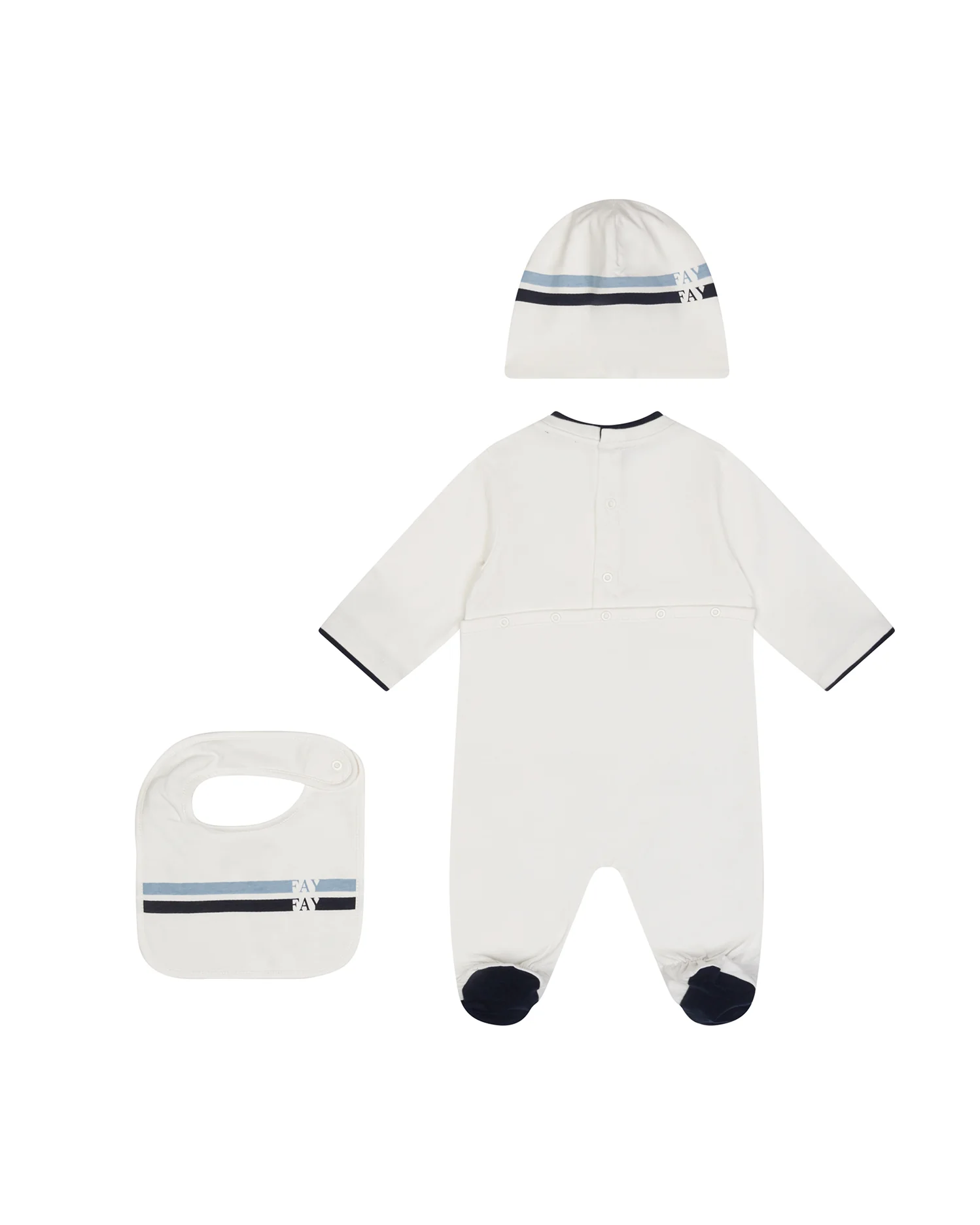 Fay Kids Set Tutina+Bavetto+Cappello Avorio con Strisce Blu e Nere per Neonati