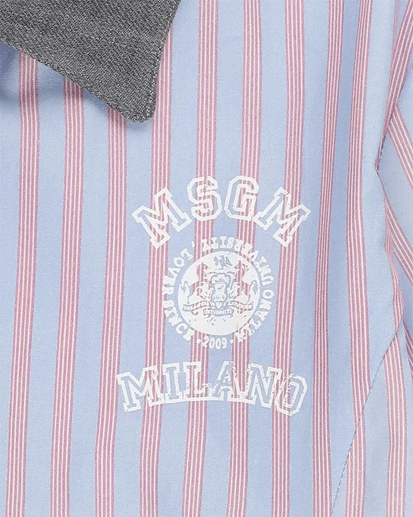 Msgm Kids Abito Fantasia a Righe Celeste e Blu con Logo Ricamato per Bambine