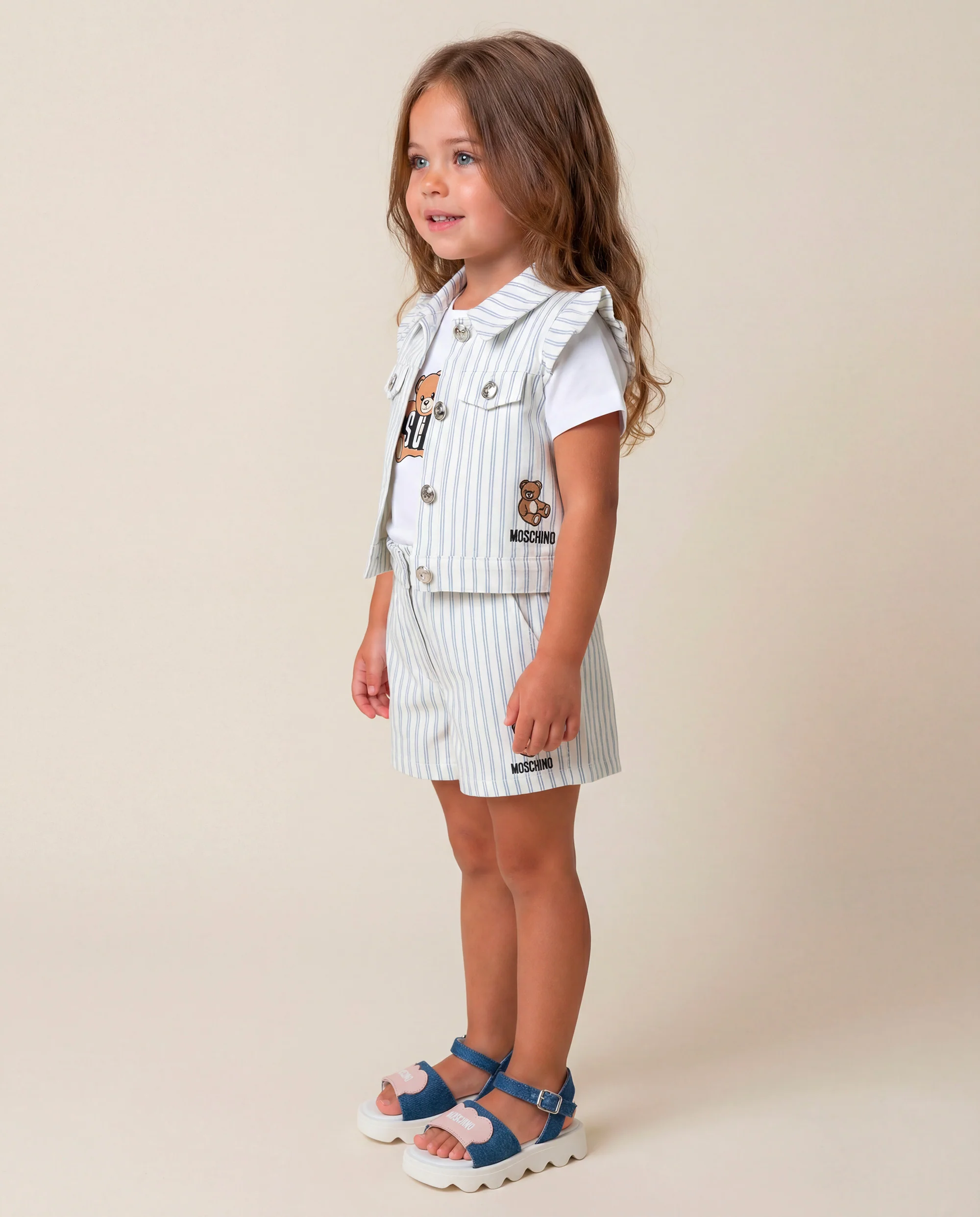 Moschino Kids Short a Strisce Denim con Teddy per Neonate