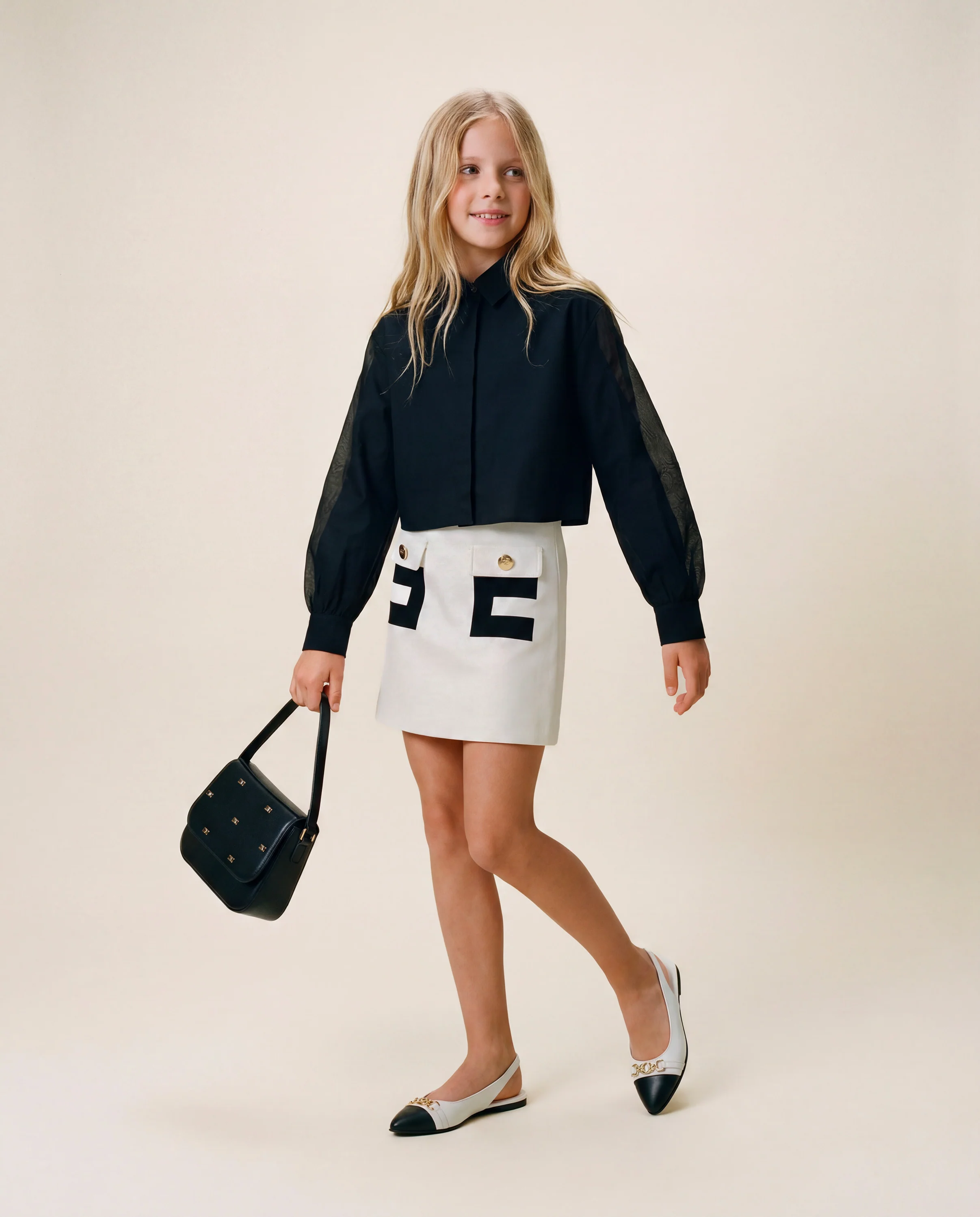 Elisabetta Franchi La Mia Bambina Camicia Nero con Maniche in Tessuto Velato per Bambine
