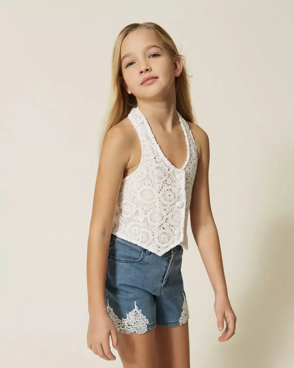 Twinset Kids Gilet Bianco in Pizzo per Bambine