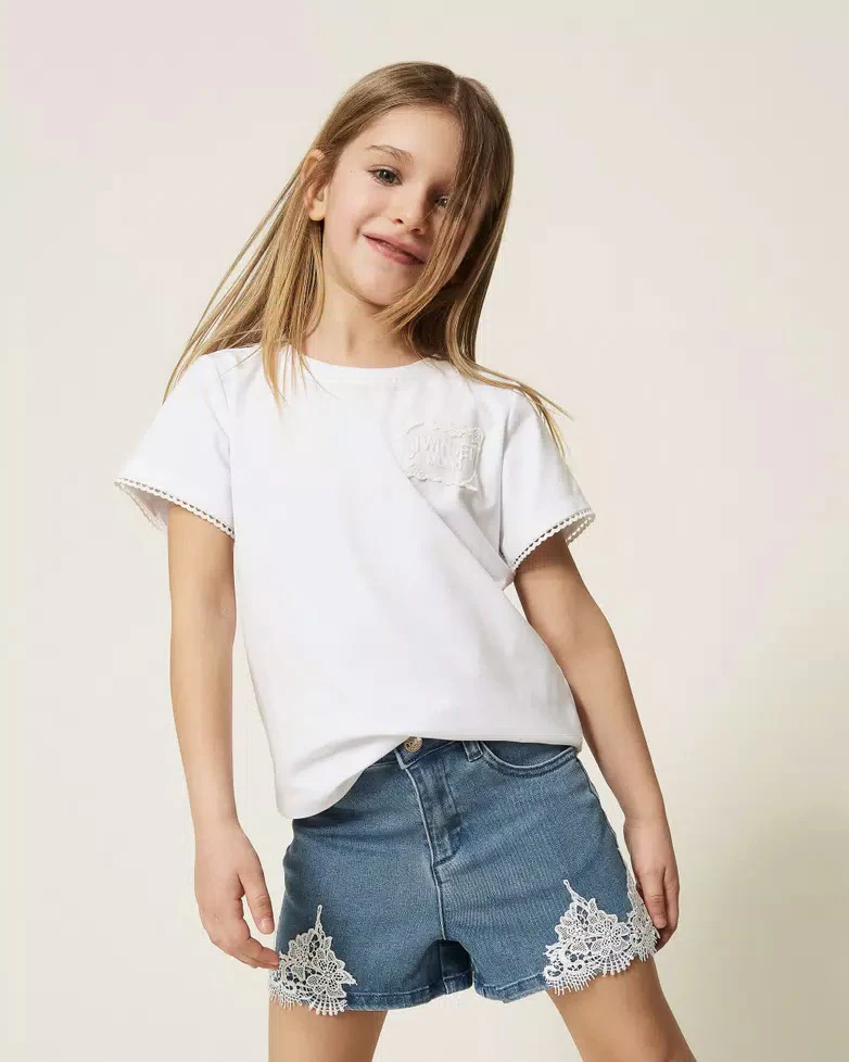 Twinset Kids Short in Denim con Dettagli in Pizzo per Bambine e Neonate