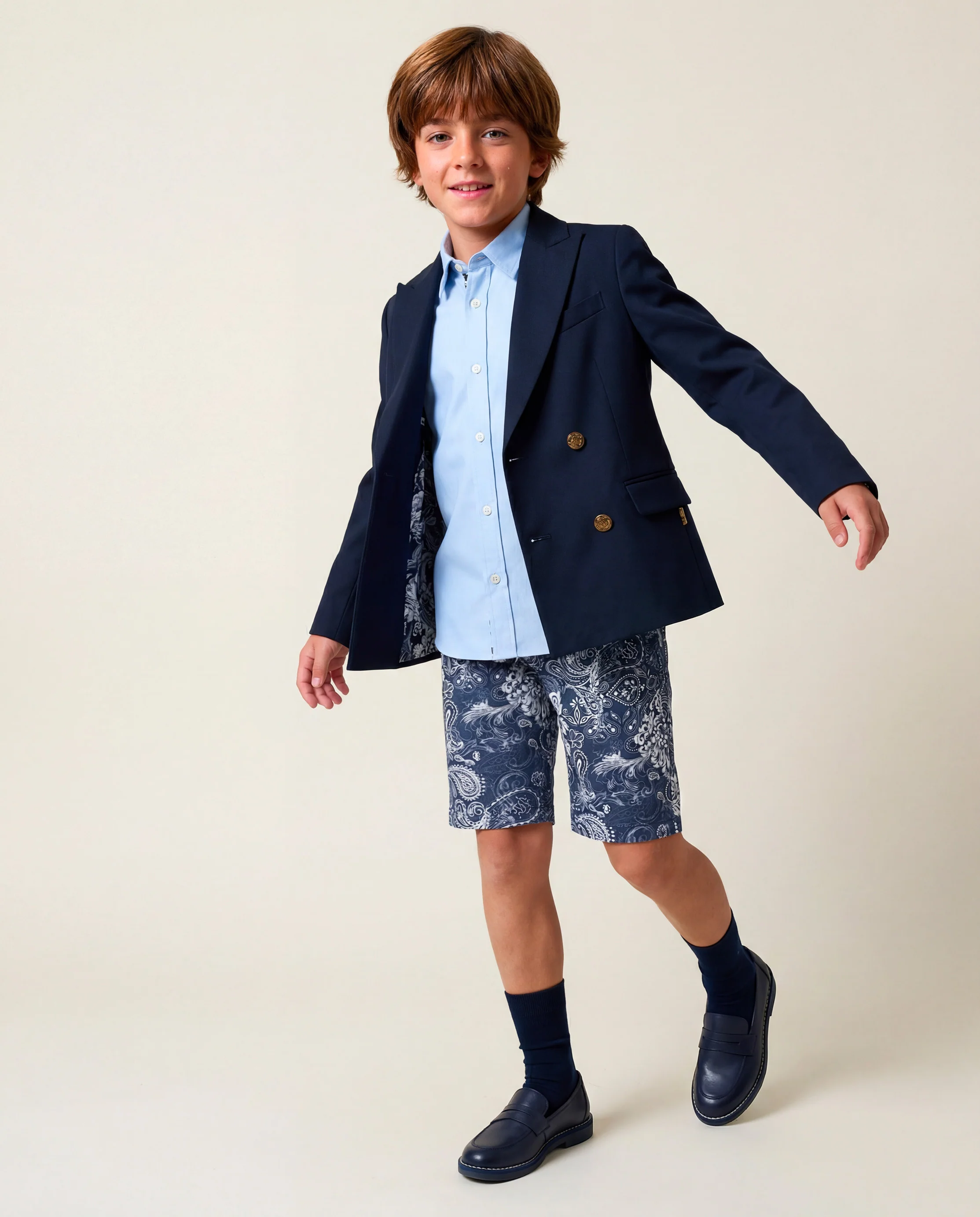 Roberto Cavalli Kids Giacca Blu con Fantasia Interna e Bottoni Logati Oro per Bambini