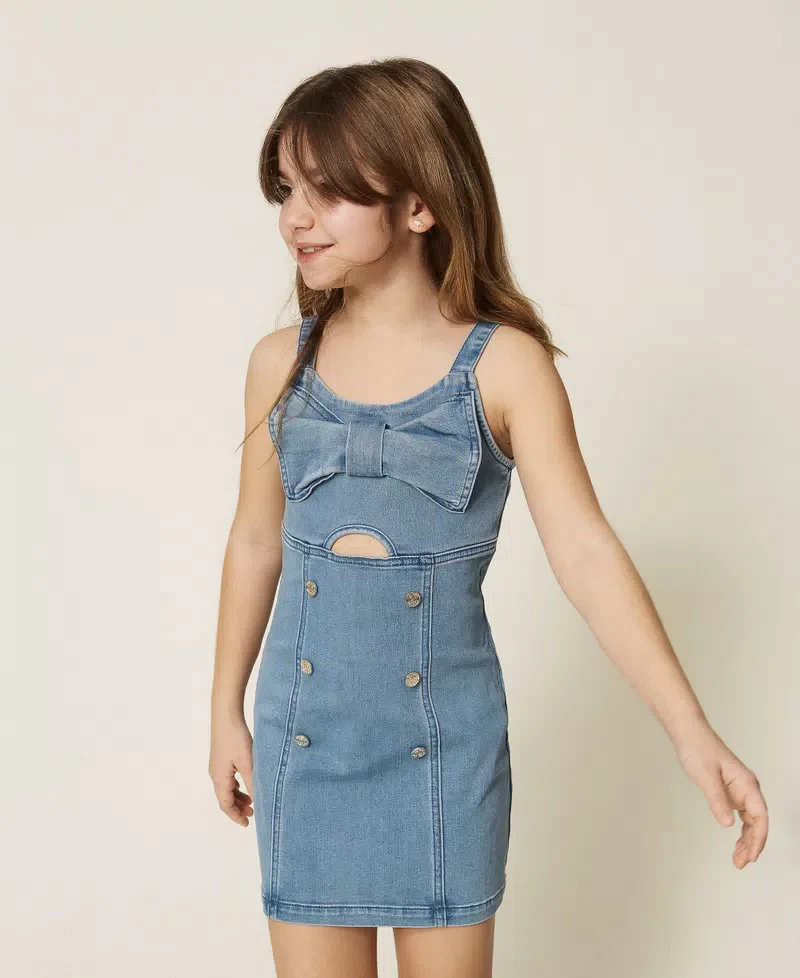 Twinset Kids Abito in Denim con Maxi Fiocco per Bambine
