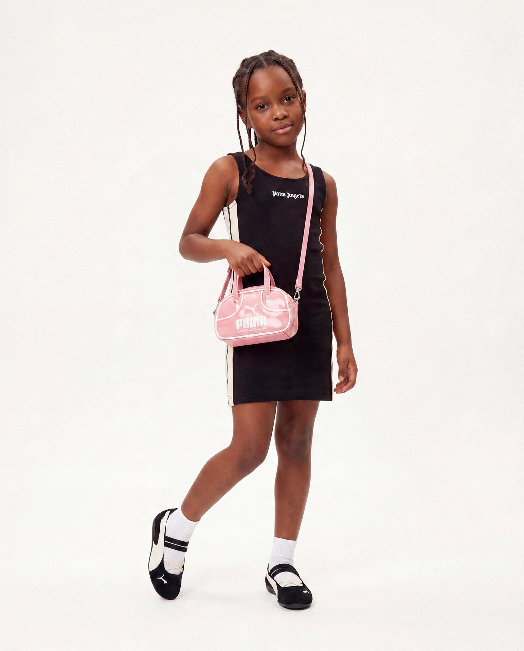 Palm Angels Kids Abito Nero con Bande Laterali per Bambina