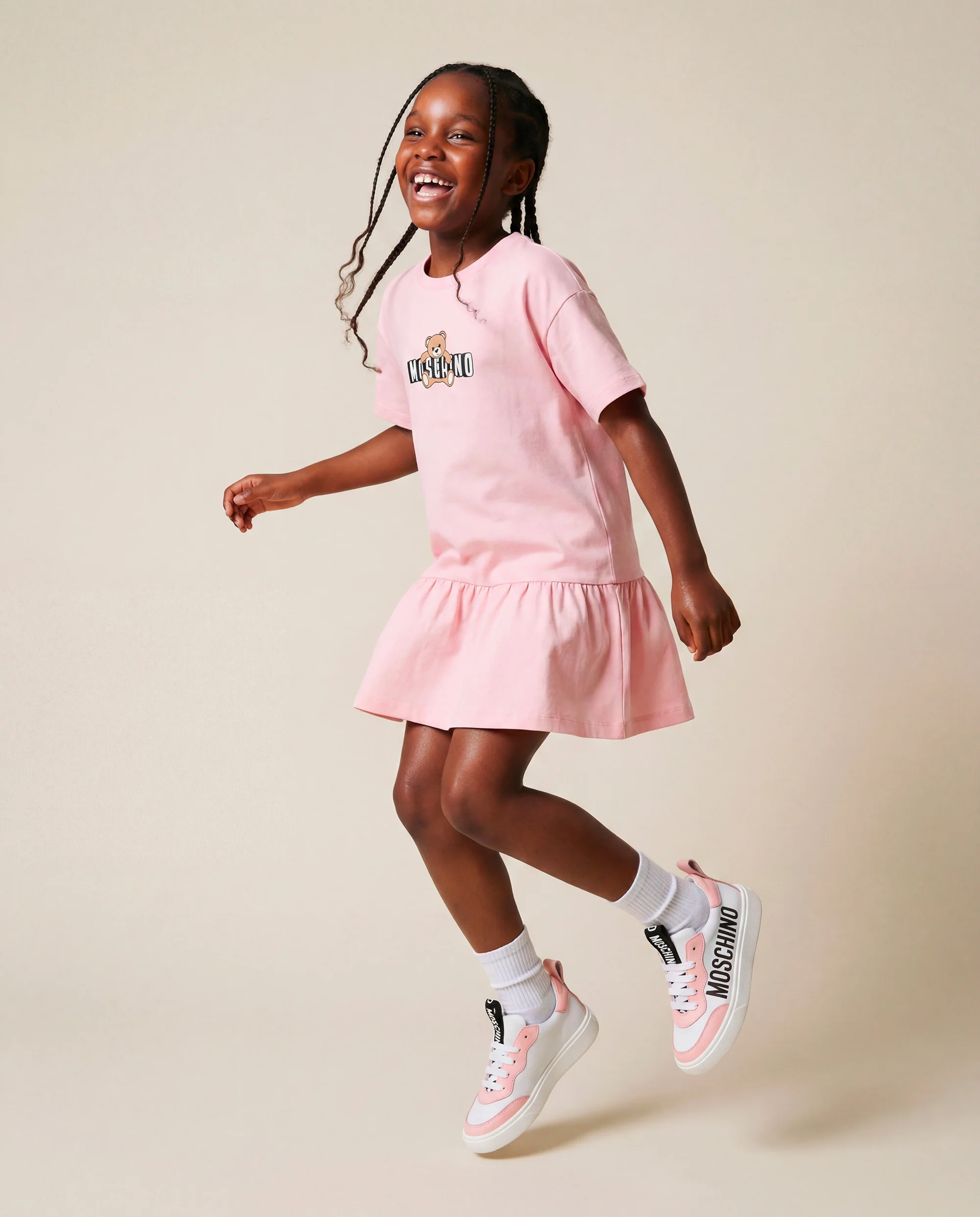 Moschino Kids Abito Rosa con Gonna Rouches e Logo Teddy Bear per Bambine
