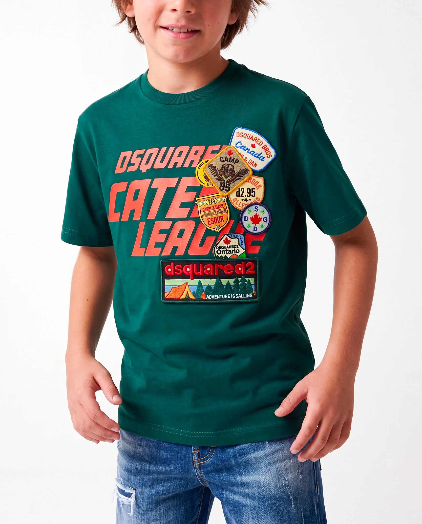 Dsquare2 Kids T-shirt Verde con Stampa e Applicazioni Patch Unisex per Bambini