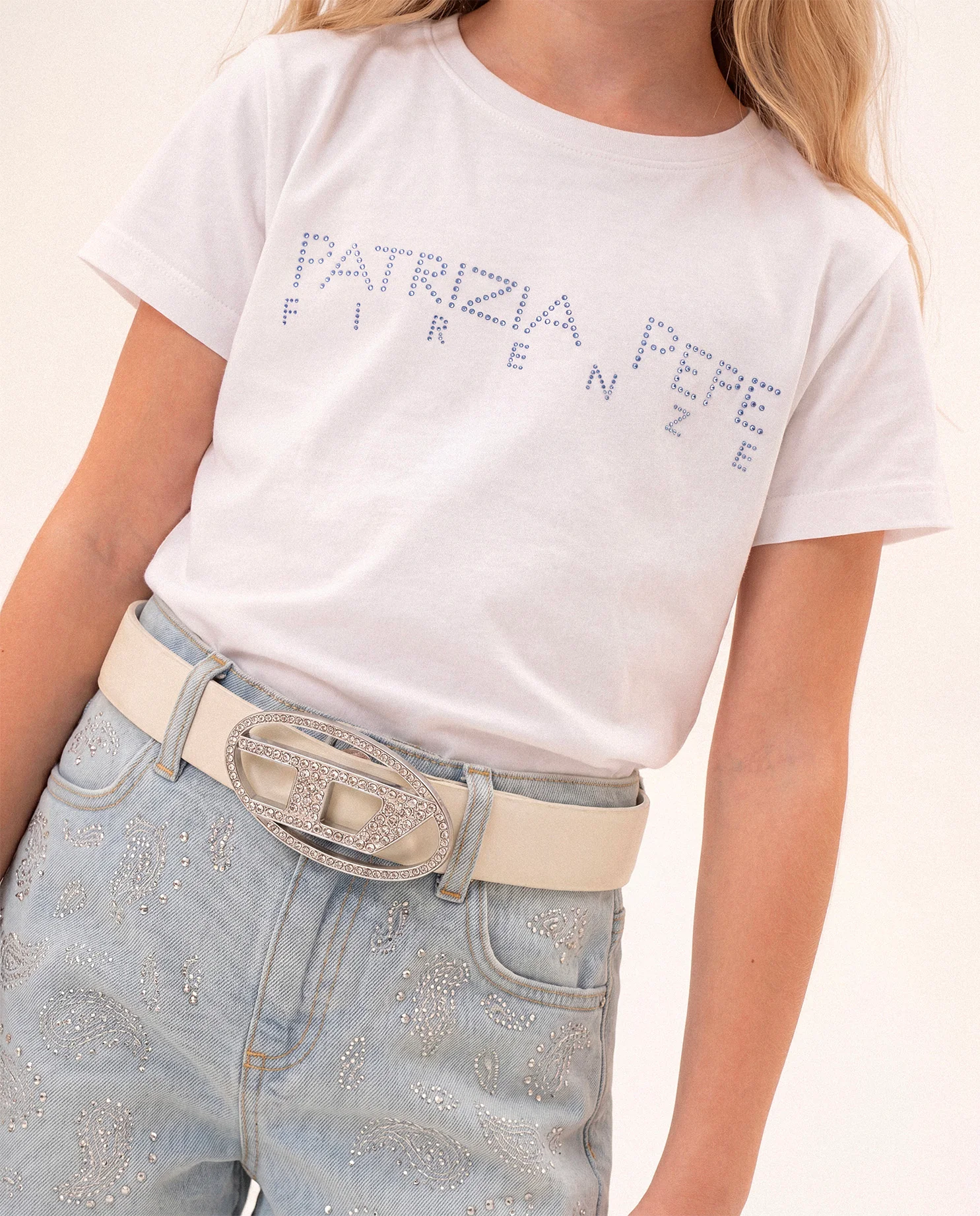 Patrizia Pepe Kids T-Shirt Bianca con Strass Azzurro per Bambine