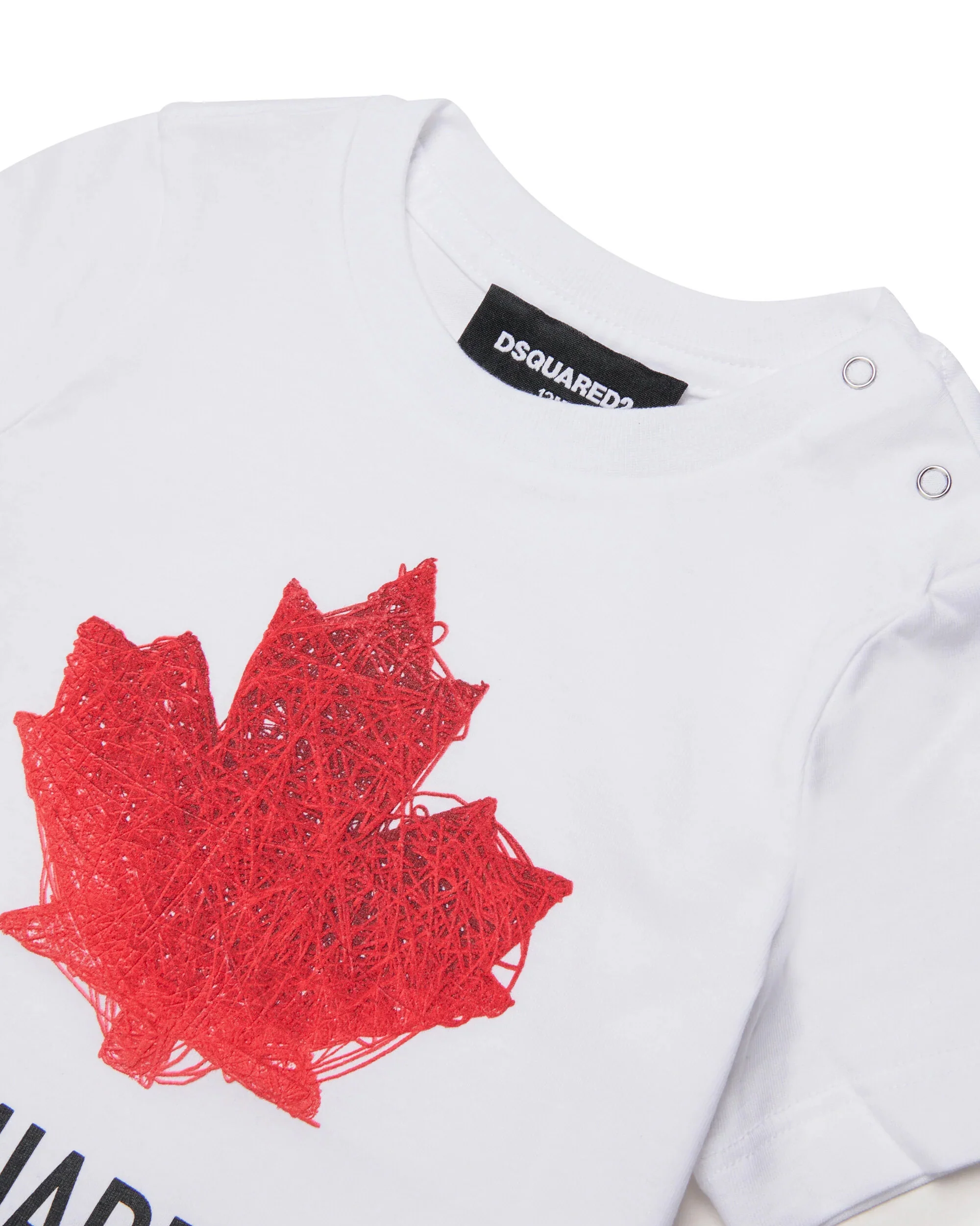 Dsquared2 Kids T-shirt Bianca con Stampa Logo Foglio D'acero con Bottoni Apertura Spalla per Neonati