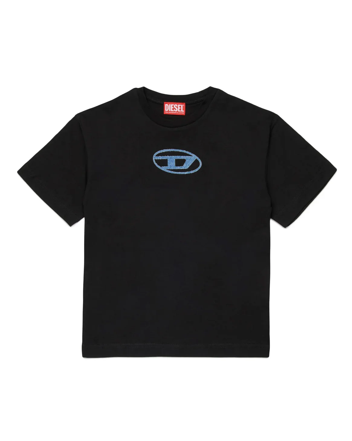 Diesel Kids T-shirt nera con Logo Oval D Ricamato per Bambini