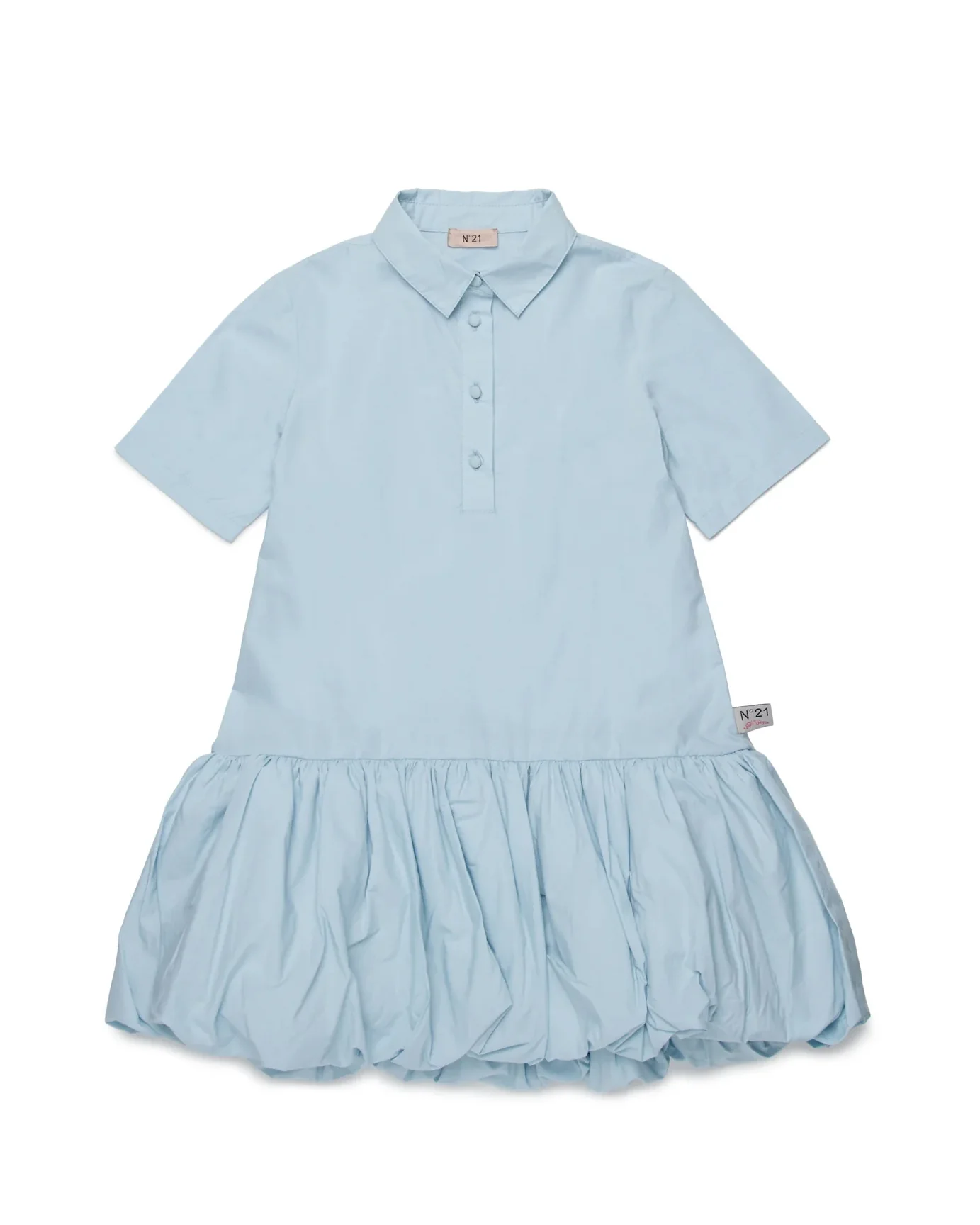 N21 Kids Abito Celeste Logo e Colletto Camicia per Bambine