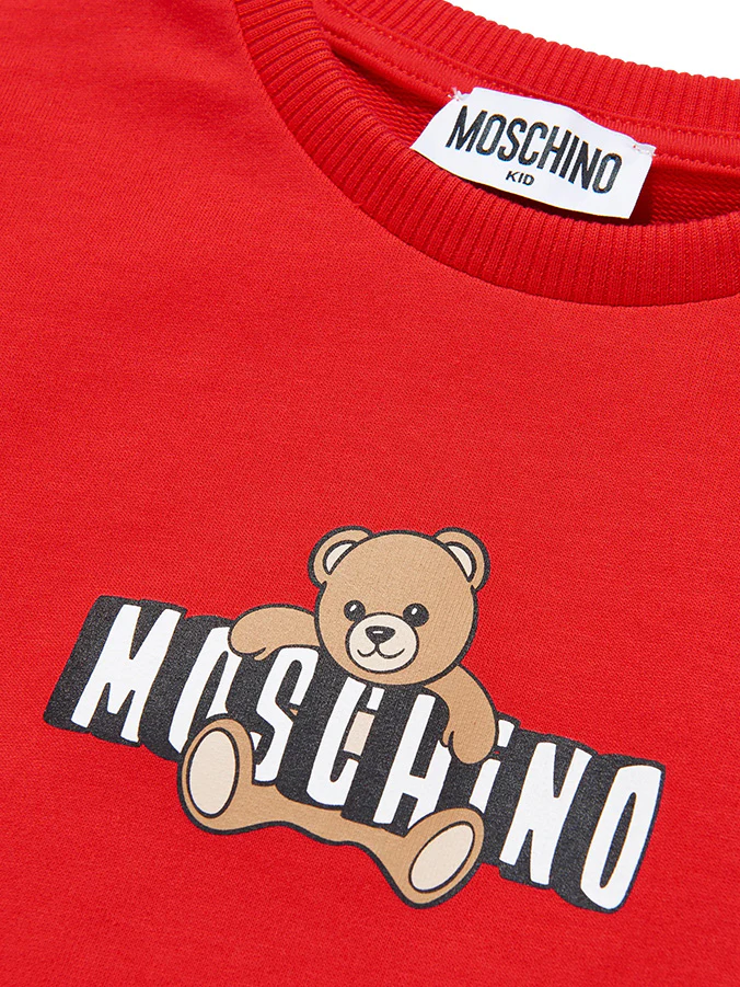 Moschino Kids Abito Rosso con Gonna Rouches e Logo Teddy Bear per Bambine
