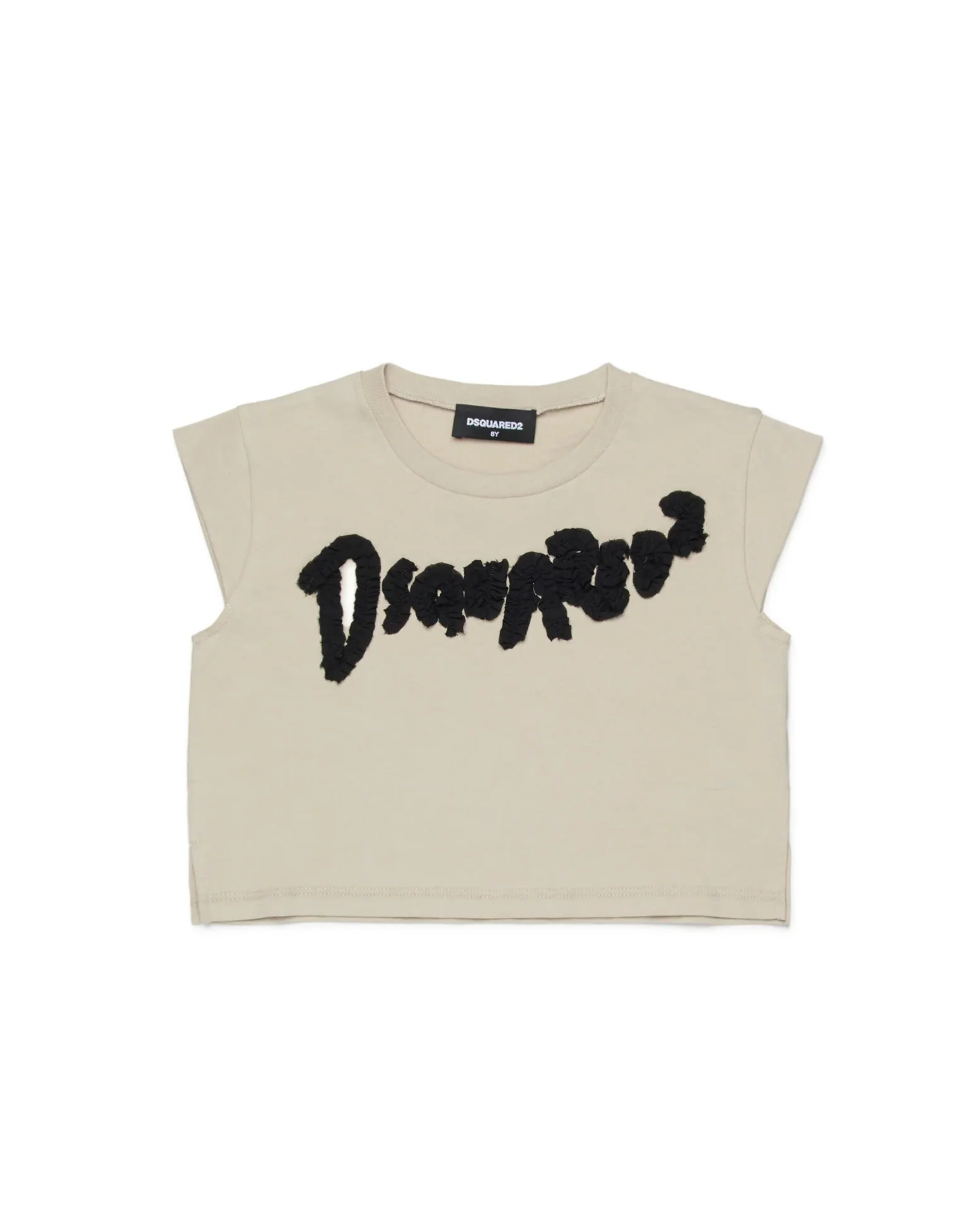T-shirt Dsquared2 Kids t-shirt Beige Smanicata Cropped con Logo a Contrasto per Bambine