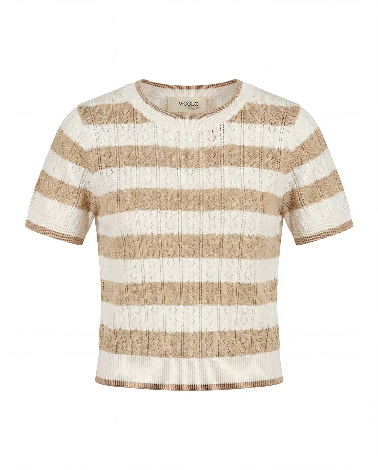 Vicolo Kids T-Shirt a Righe Bianco e Cammello in Maglia per Bambine