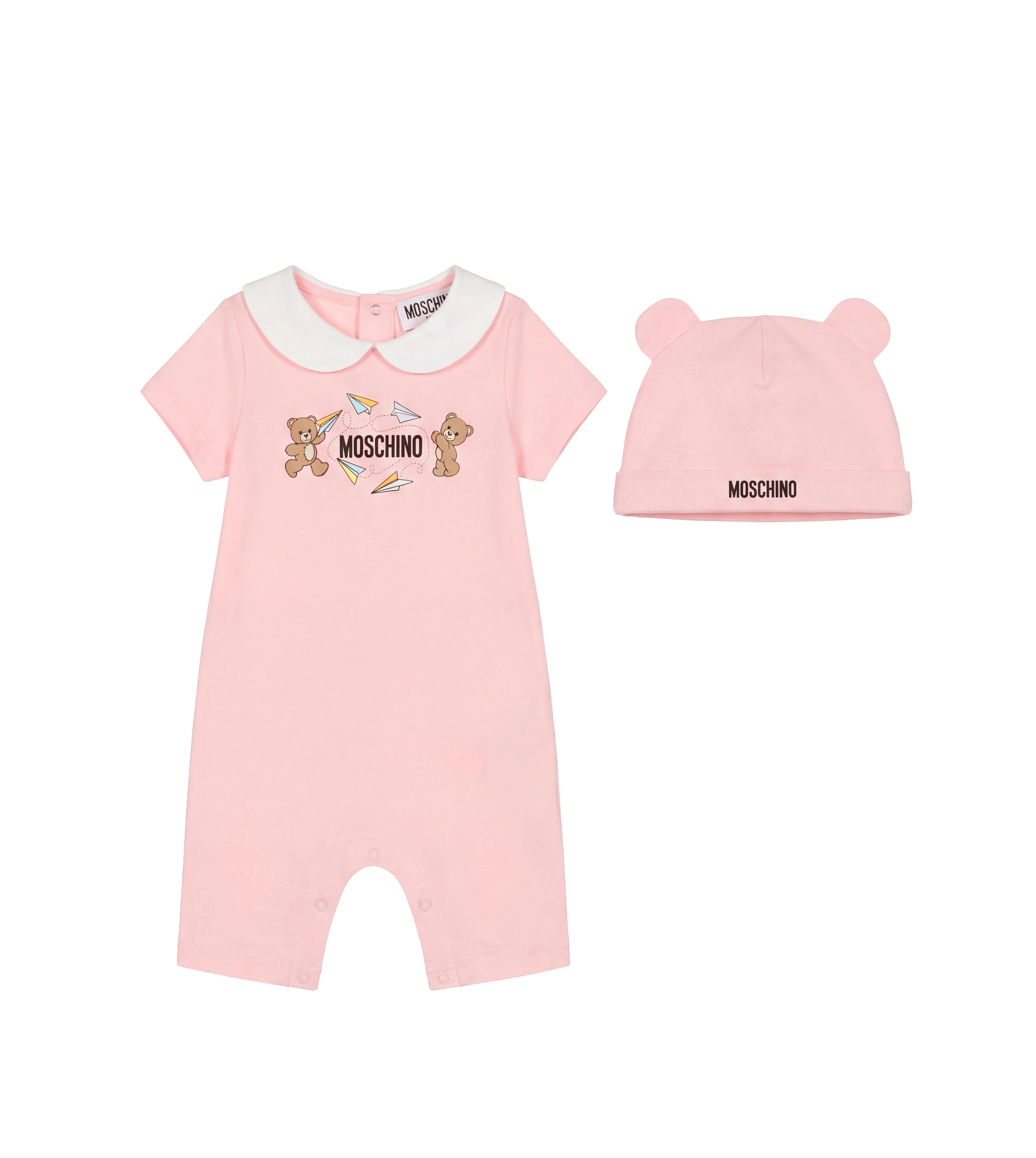 Moschino Kids Pagliaccetto+Cappello Rosa con Logo Teddy Bear per Neonati
